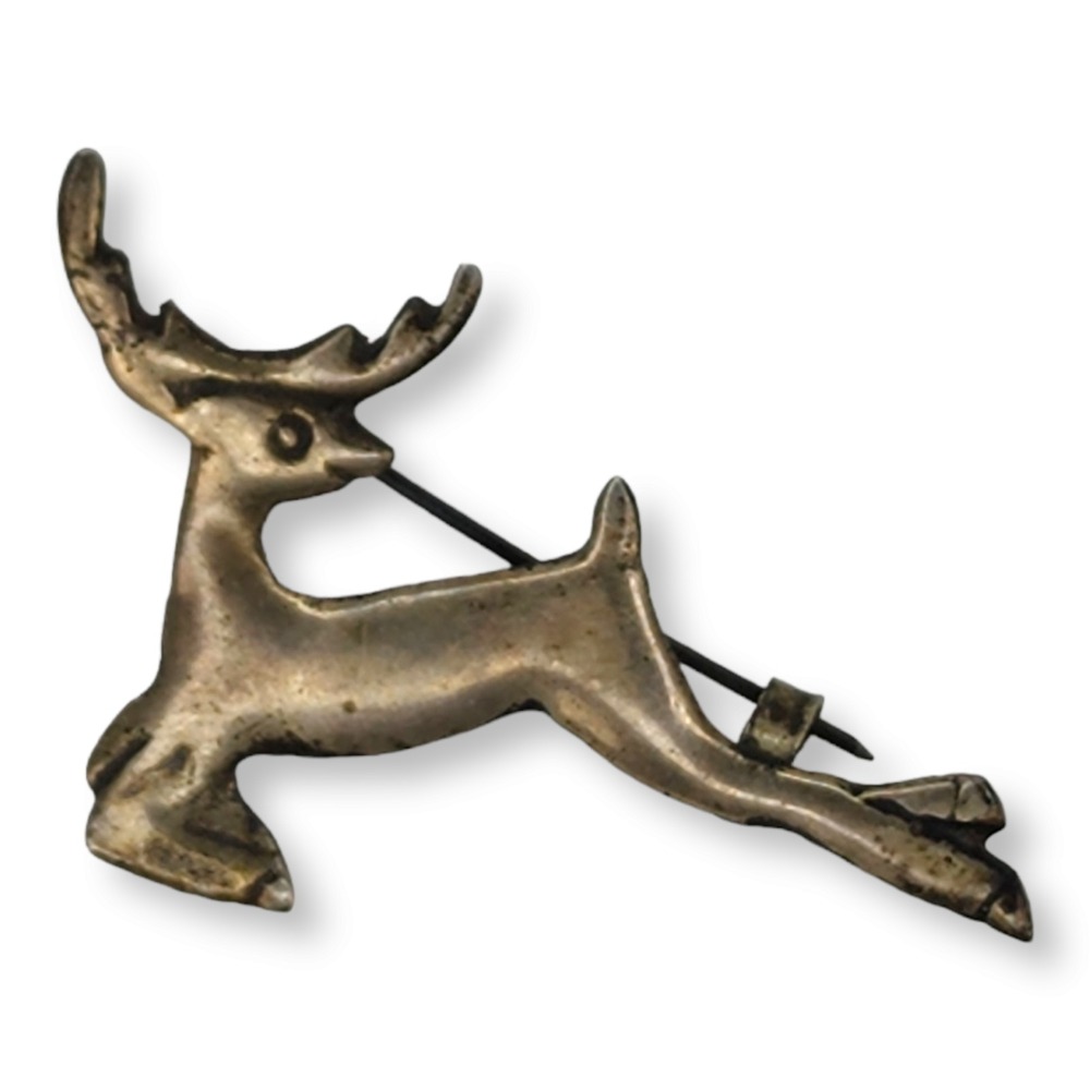 Vintage Mexico Reindeer Brooch 750 Silver Leaping Deer Pin Hallmark
